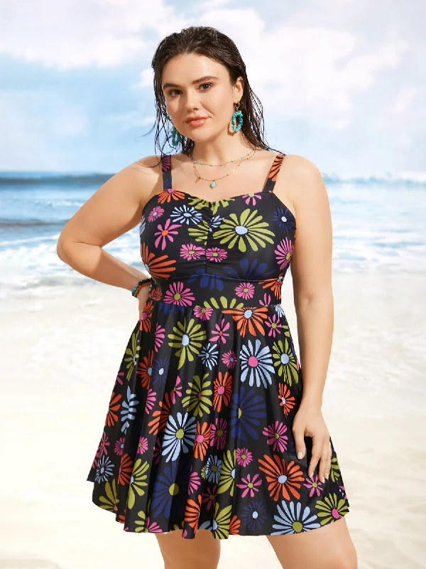 minimalistic dressFloral Heart Neckline Ruched Swim Dress