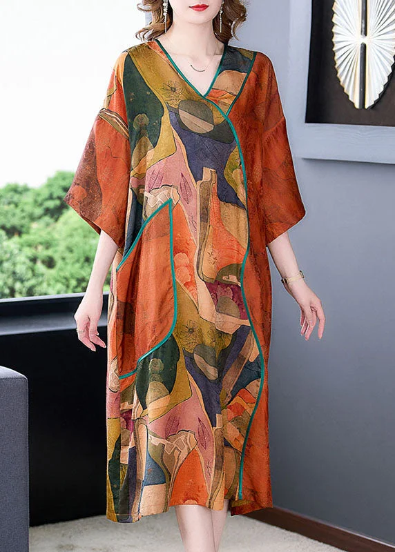 casual summer dressPlus Size Orange V Neck Print Patchwork Silk Dresses Summer