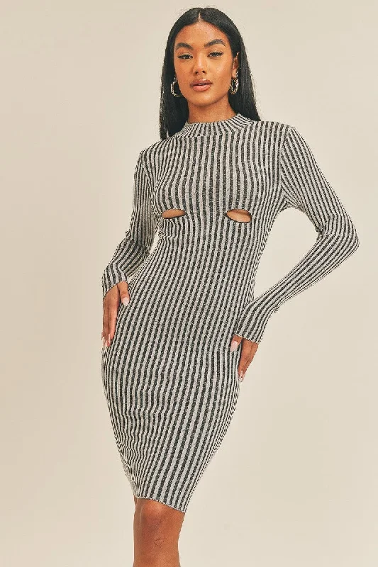 A-line dressLong Sleeve Stripe Print Midi Dress