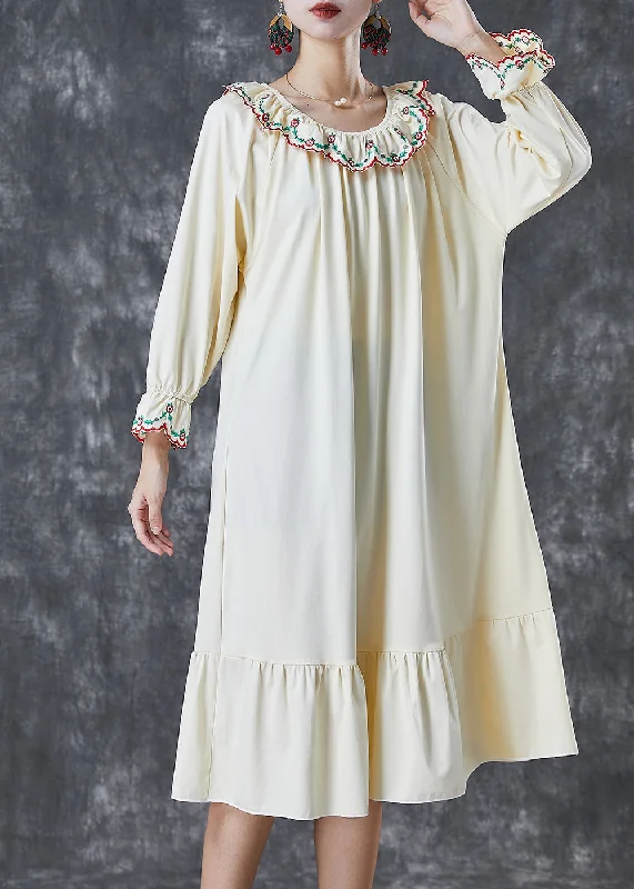 ruffle dressItalian Beige Embroidered Ruffles Cotton Maxi Dresses Fall