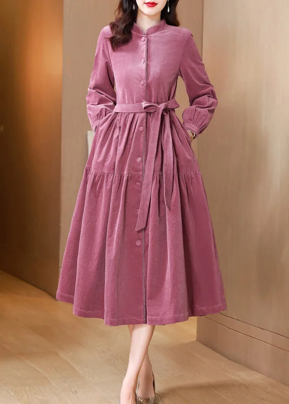 elegant evening dressFrench Pink Stand Collar Tie Waist Patchwork Corduroy Dresses Fall