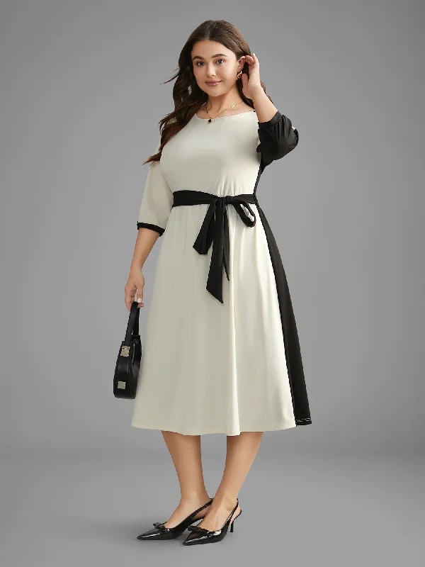 elegant maxi dressContrast Patchwork Lantern Sleeve Belted Dress