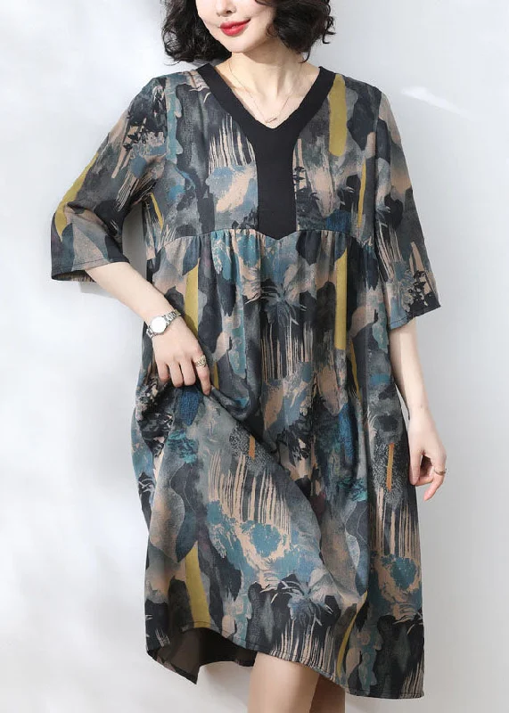 layered dressWomen Blue V Neck Print Wrinkled Patchwork Silk Dress Summer