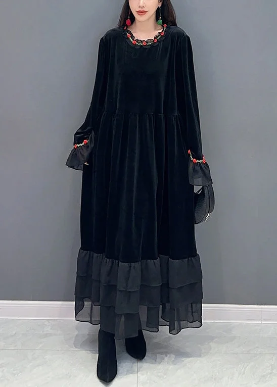 statement dressChic Black Tulle Patchwork Silk Velvet Long Dresses Spring