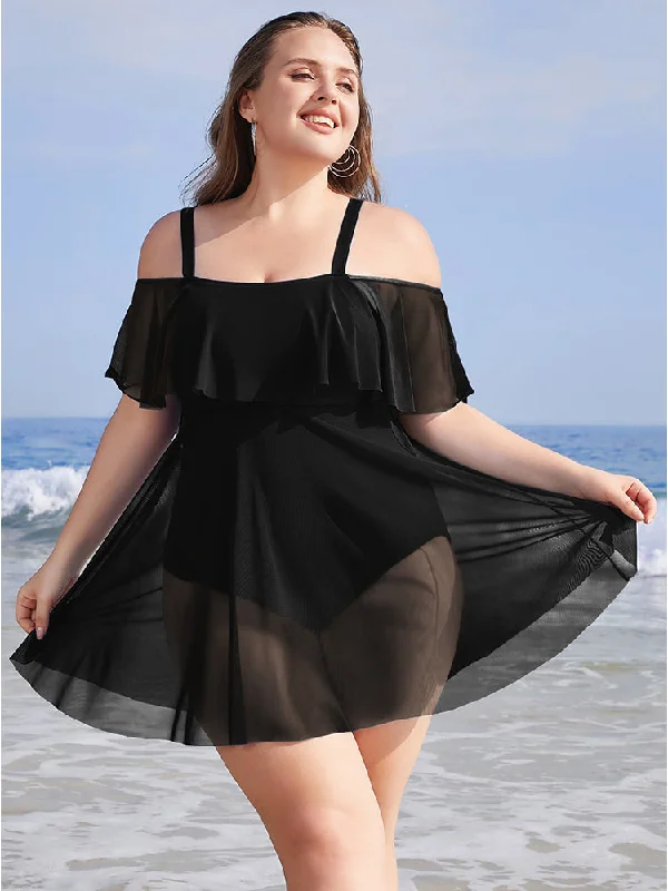 relaxed fit dressSolid Mesh Ruffles Cold Shoulder Sculpt Waist Swim Dress