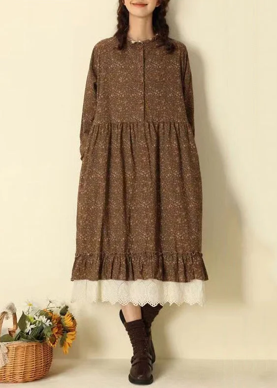 chic slip dressBeautiful Coffee Ruffled Print Pockets Patchwork Cotton Long Dresses Fall