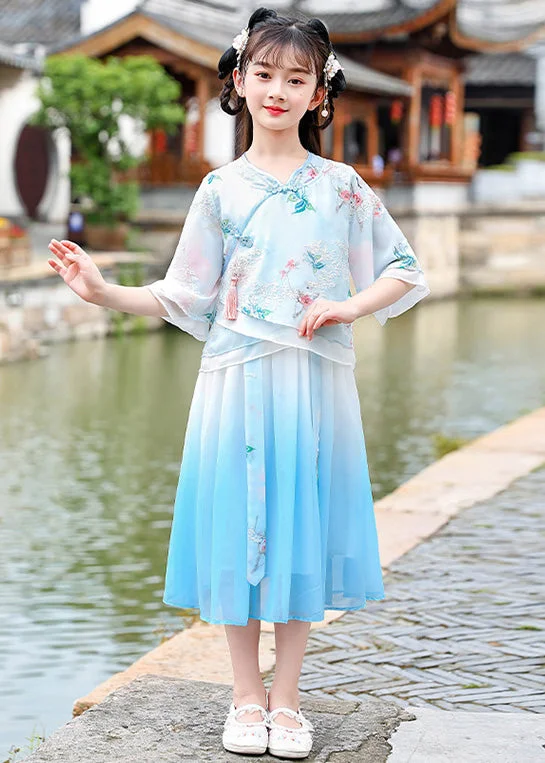 chic shift dressBlue Stand Collar Button Chiffon Kids Vacation Dresses Summer