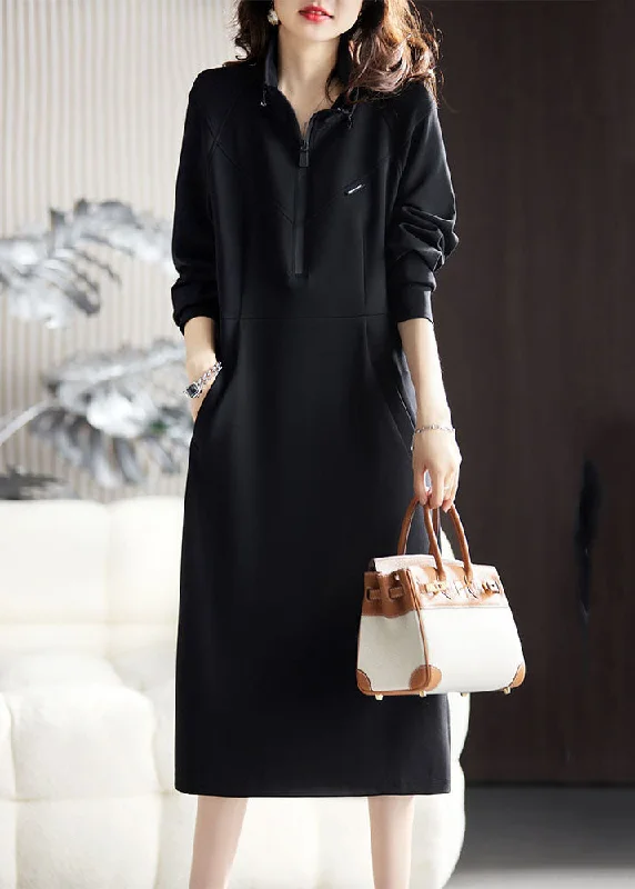 chic dressFitted Black Stand Collar Zippered Patchwork Long Dress Fall