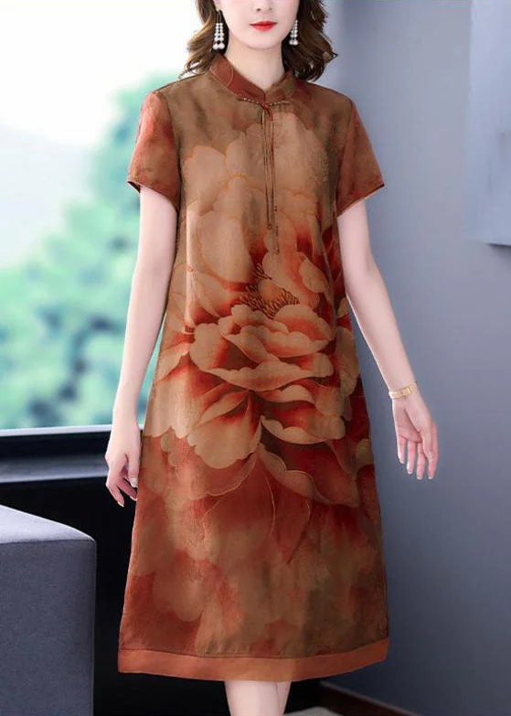 office dressYellow Print Patchwork Silk Dresses Stand Collar Summer