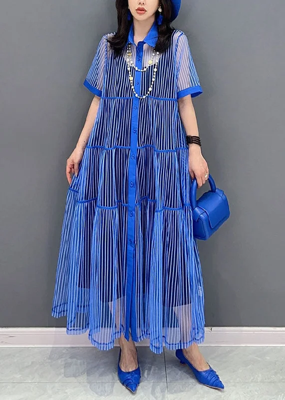 party dressBoutique Blue Striped Peter Pan Collar Patchwork Tulle Shirts Dress Summer