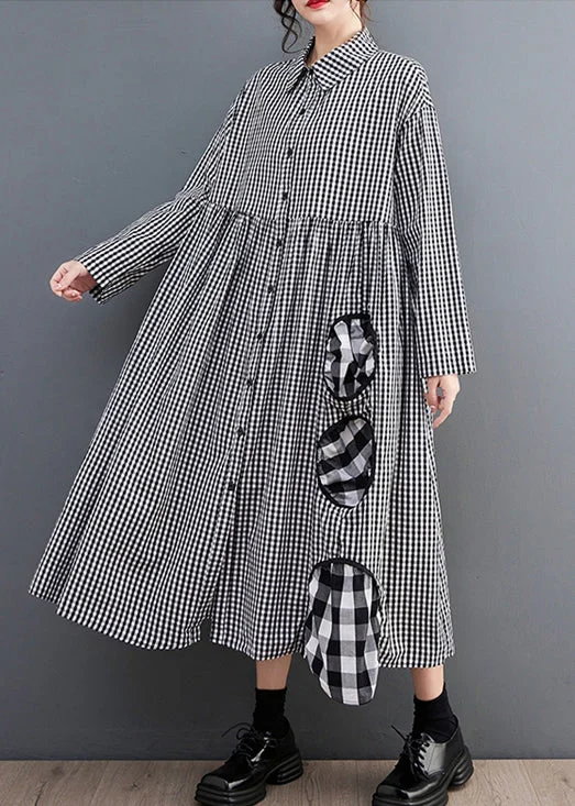 sleek midi dressFrench Black Plaid Button Patchwork Cotton Blouses Dress Fall