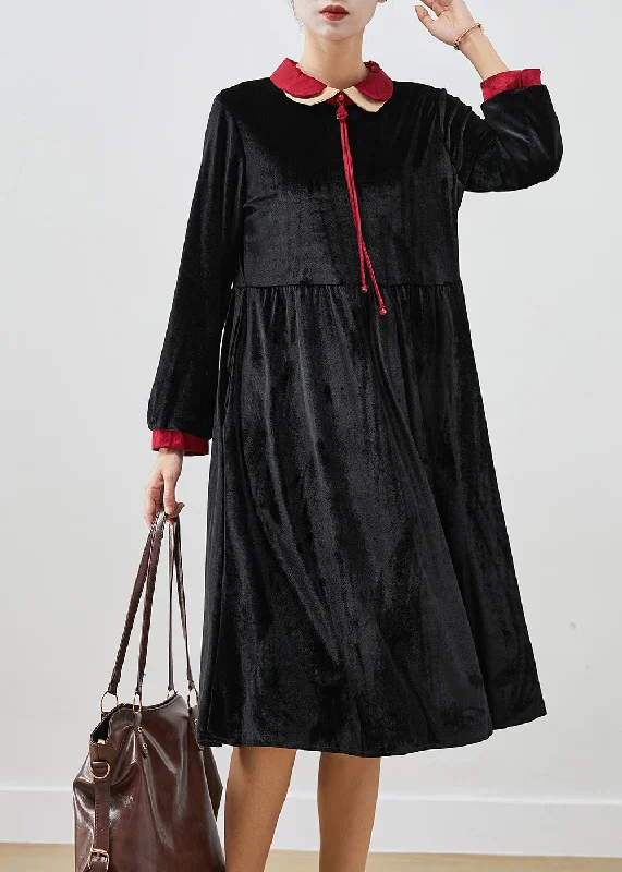 pleated maxi dressWomen Black Double-layer Tasseled Silk Velour Robe Dresses Fall