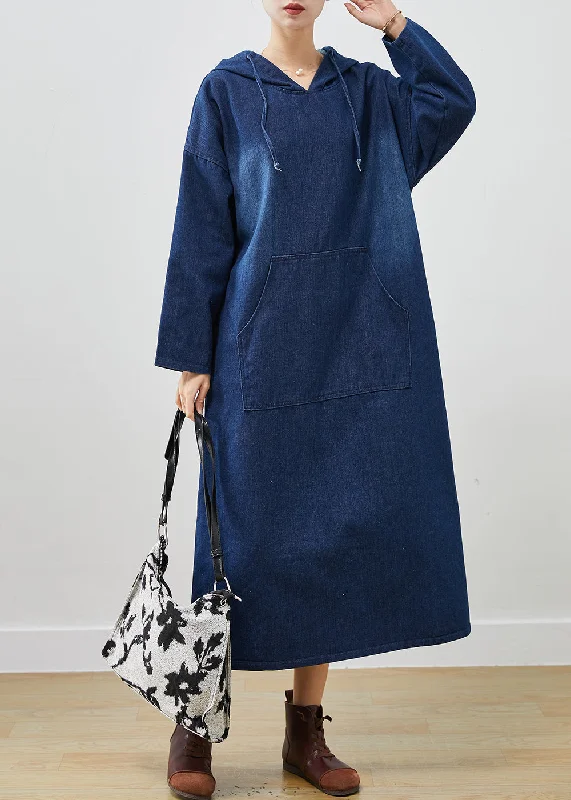 trendy mini dressBohemian Navy Oversized Denim Hooded Dress Spring