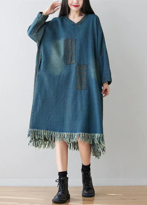 ruched dressDenim Blue Patchwork Cotton Dress Oversized Applique Spring