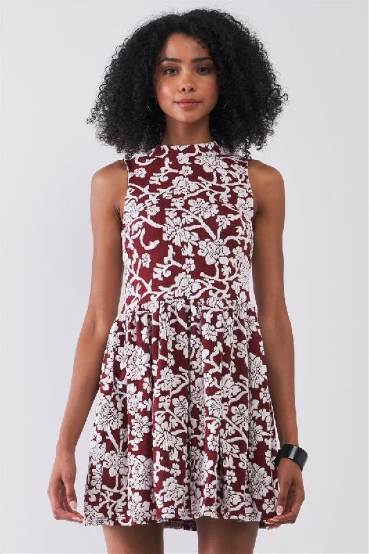 sleek dressBurgundy & White Floral Crew Neck Sleeveless Fitted Mini Dress