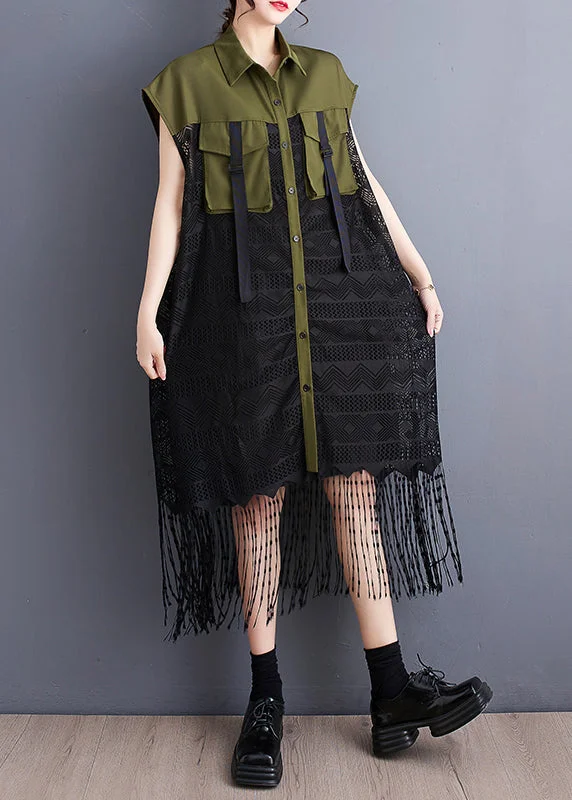 fitted dressFrench Army Green Tassel Patchwork Lace Holiday Dress Summer