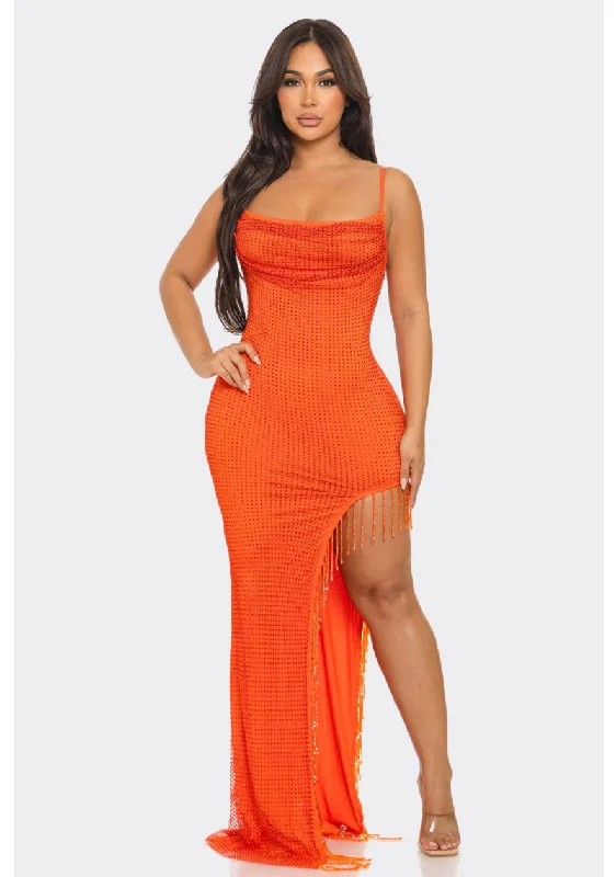 chic dressSpicy Orange Rhinestone Fishnet Overlay Maxi Dress