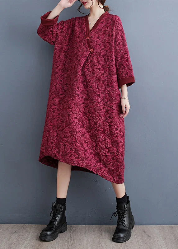 v-neck dressPlus Size Red V Neck Jacquard Patchwork Cotton Dress Fall