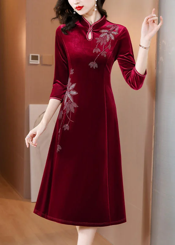 flowy dressDIY Wine Red Embroidered Slim Silk Velour Long Dress Fall