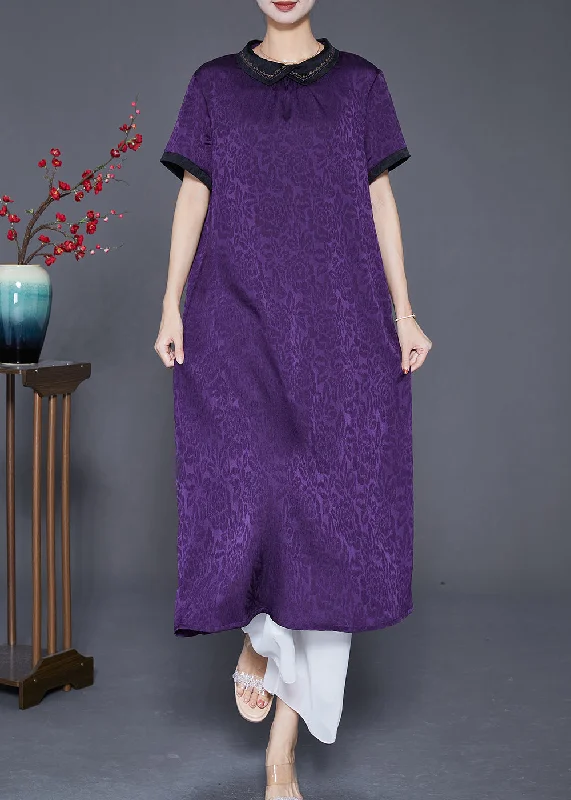 casual midi dressPurple Jacquard Silk Long Dress Oversized Turn-down Collar Summer