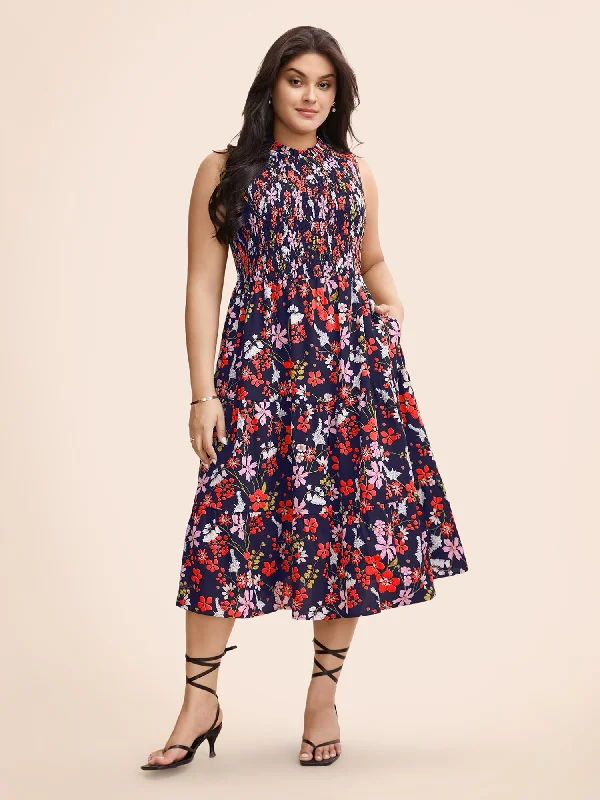 high-waisted dressFloral Shirred Mock Neck Cut Out Pocket Ruffle Hem Dress