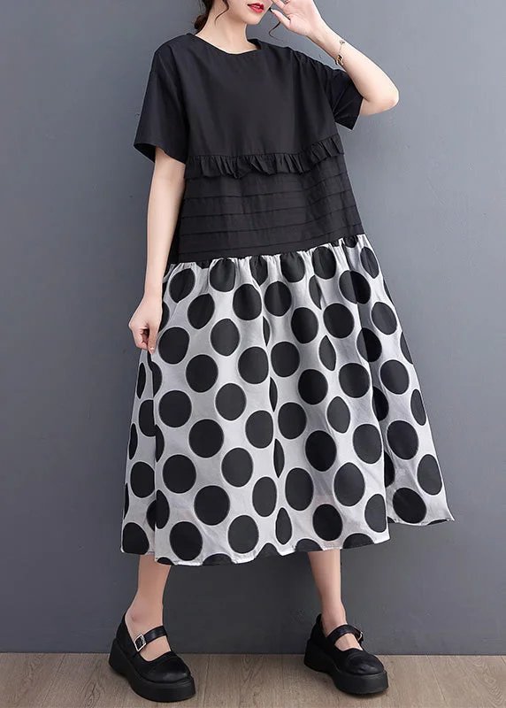 statement dressChic Black O-Neck Ruffled Patchwork Print Dot Maxi Dress Short Sleeve