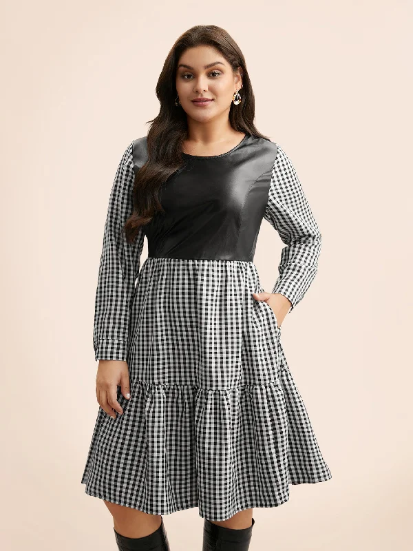 lace-up dressRound Neck Gingham PU Leather Dress