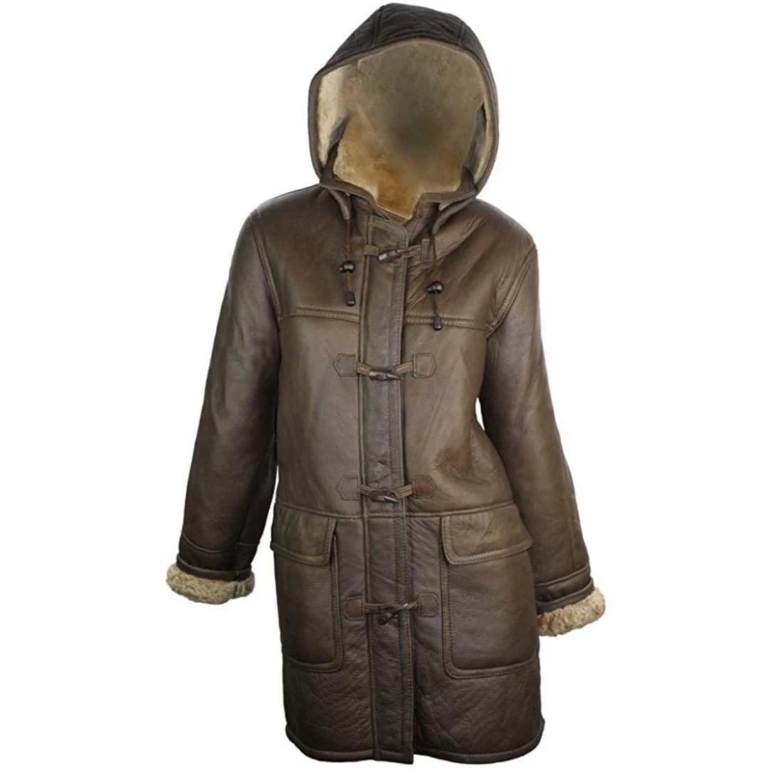 fitted coatLadies Luxury 100% Vintage Winter Sheepskin Leather Duffle Jacket Brown Ginger