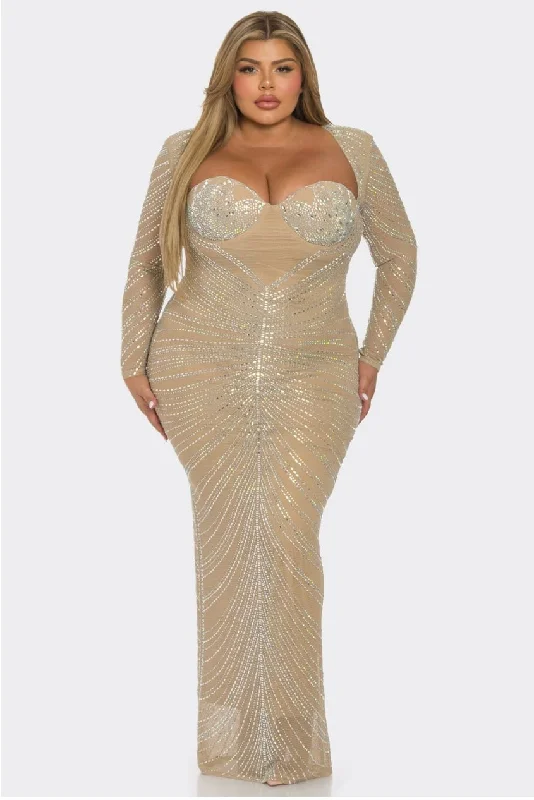 puff sleeve dressGlam Glam Plus Size Tan Rhinestones Fishnet Maxi Dress