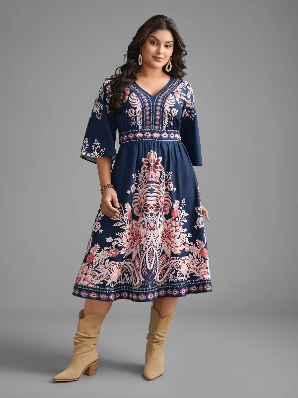 high-waisted dressBoho Print Ruffle Sleeve Shirred Dress