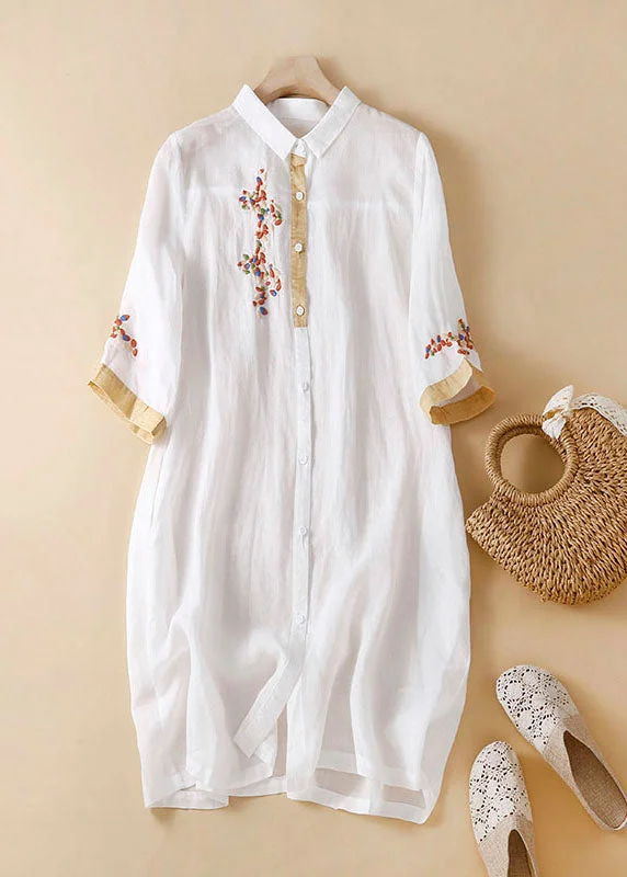 one-shoulder dressBoutique White Peter Pan Collar Embroideried Patchwork Linen Shirts Dresses Summer