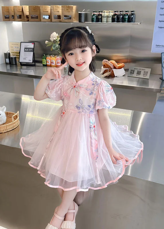 chic dressCute Pink Embroideried Chinese Button Patchwork Tulle Baby Girls Dresses Summer