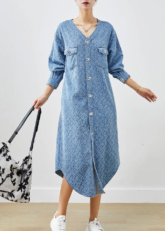 flowy evening dressBohemian Denim Blue V Neck Cotton Long Dress Fall