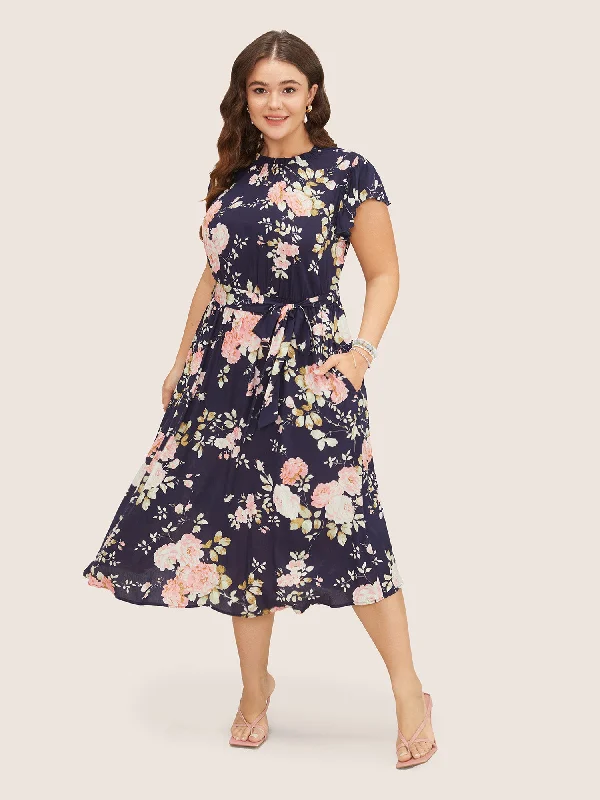 vintage-inspired dressFloral Frill Trim Mock Neck Pocket Ruffle Belted Cap Sleeve Dress