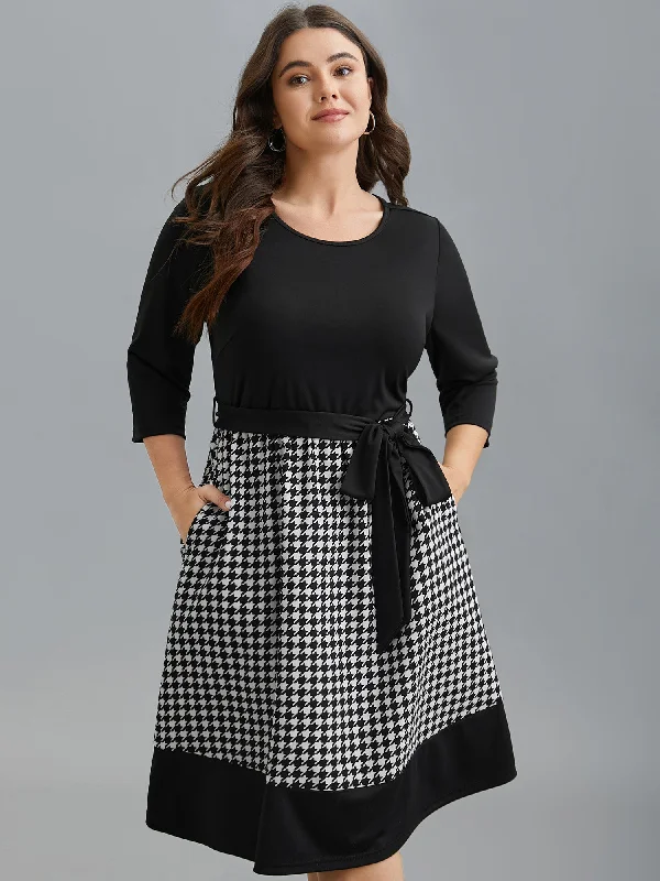 high-waisted dressColor-Block Belted Fit & Flare Midi Dress