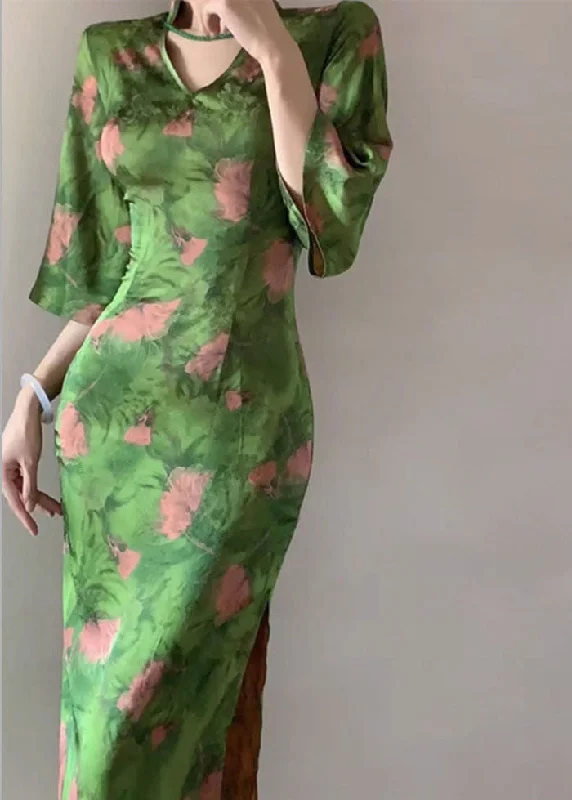 layered dressFitted Green V Neck Print Side Open Silk Maxi Dress Bracelet Sleeve