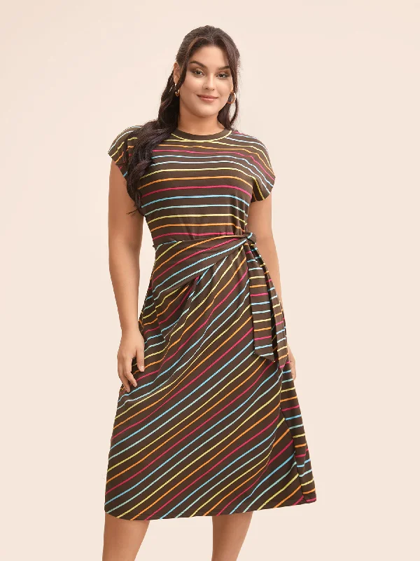 trendy dressColored Striped Tie Knot Cap Sleeve Dress