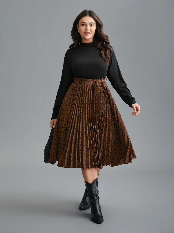 casual knit dressLeopard Print Pleated Mock Neck Midi Dress