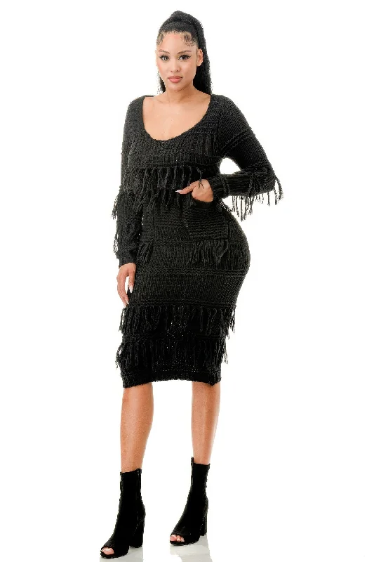 sleek dressKnit Long Sleeve Fringe Dress