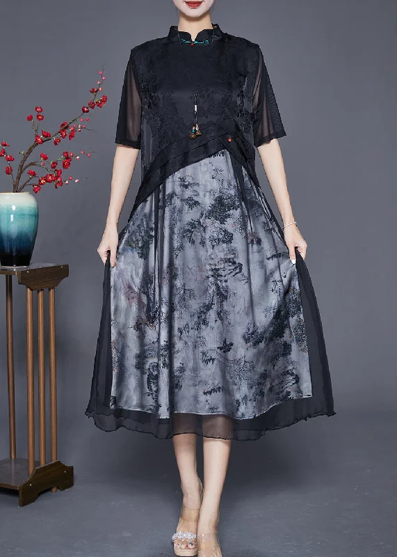 comfy maxi dressElegant Black Mandarin Collar Patchwork Print Chiffon Dresses Summer