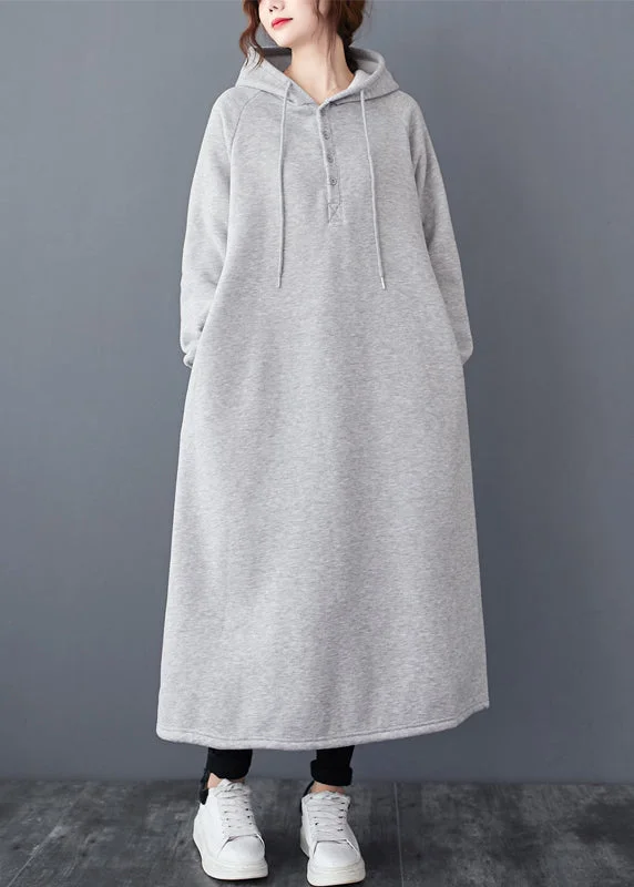 long-sleeve floral dressLoose Grey Hooded Pockets Patchwork Warm Fleece Dresses Winter