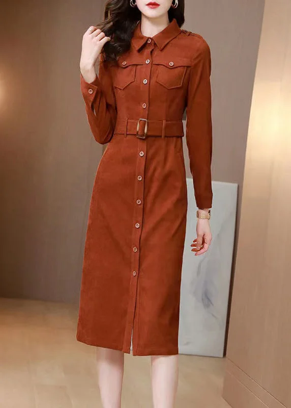 modern dressFrench Orange Peter Pan Collar Tie Waist Patchwork Corduroy Dress Fall