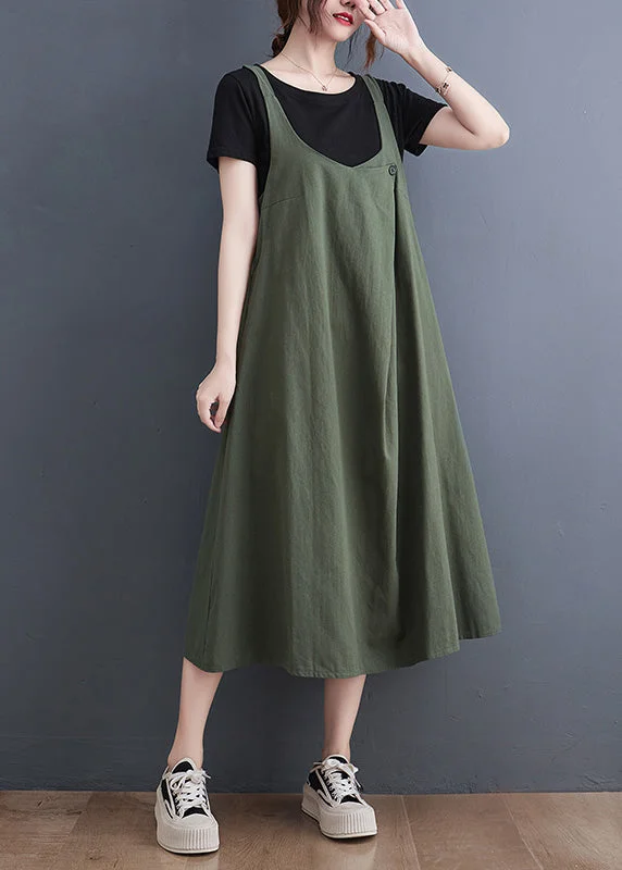 casual evening dressLoose Army Green O-Neck Patchwork Strap Dress Summer