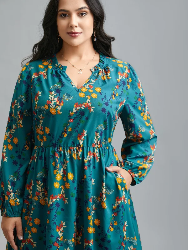 cocktail party dressFloral Print Ruffled Notched Collar Midi Dress