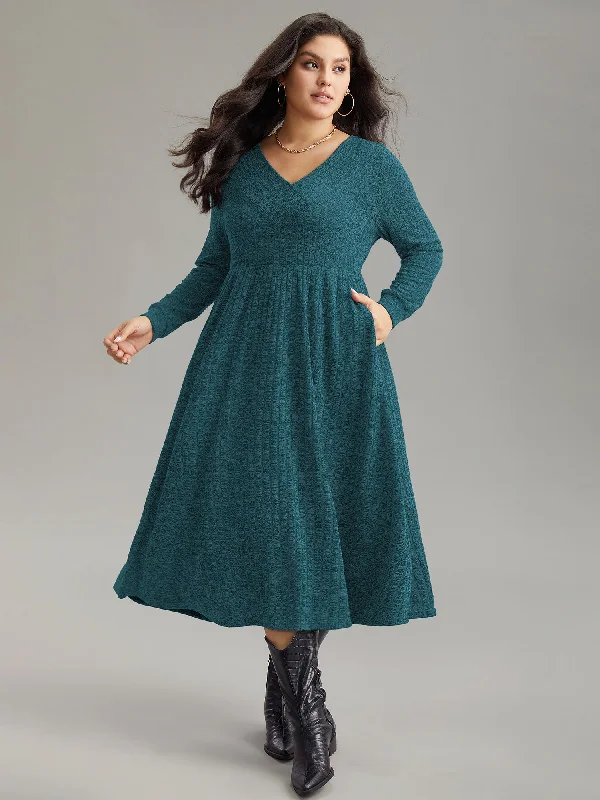 puff sleeve dressRib Knit Plain Plisse Long Sleeve Dress