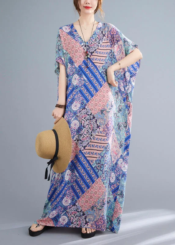 flowy dressFashion Pink Blue Print Cotton Beach Long Dresses Summer