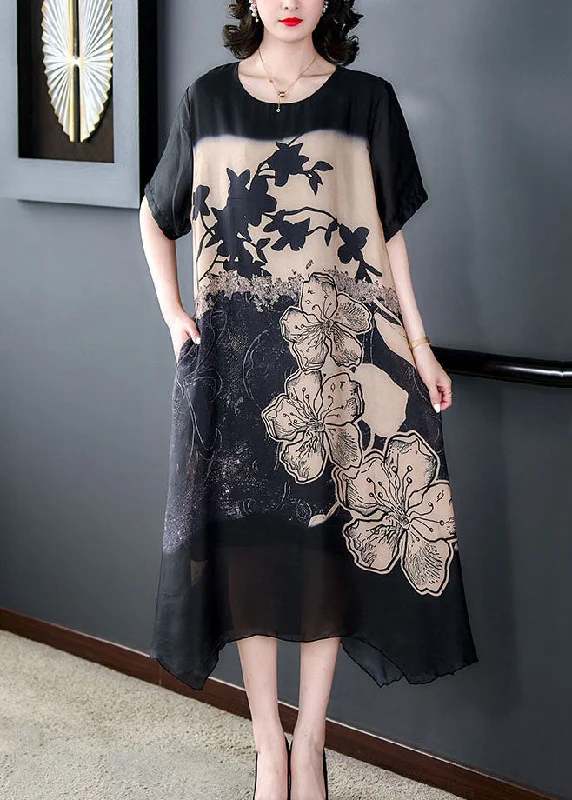 chic shift dressElegant Black O Neck Print Patchwork Silk Long Dresses Summer