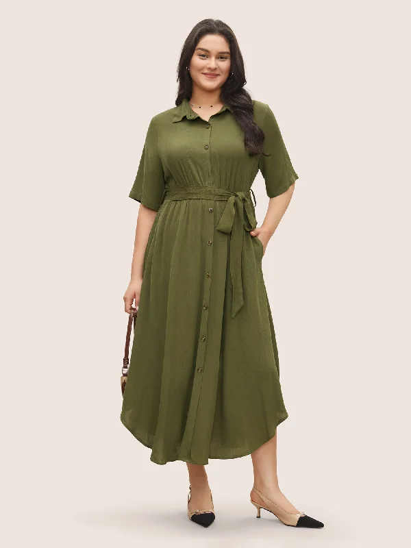 casual midi dressSolid Button Pocket Shirt Collar Belted Maxi Dress