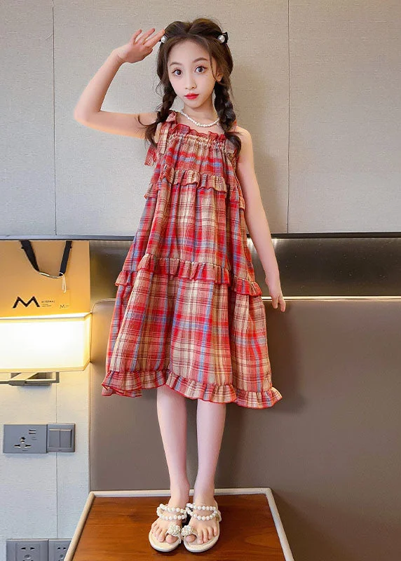 casual day dressArt Red Plaid Ruffled Bow Patchwork Cotton Kids Girls Dresses Summer