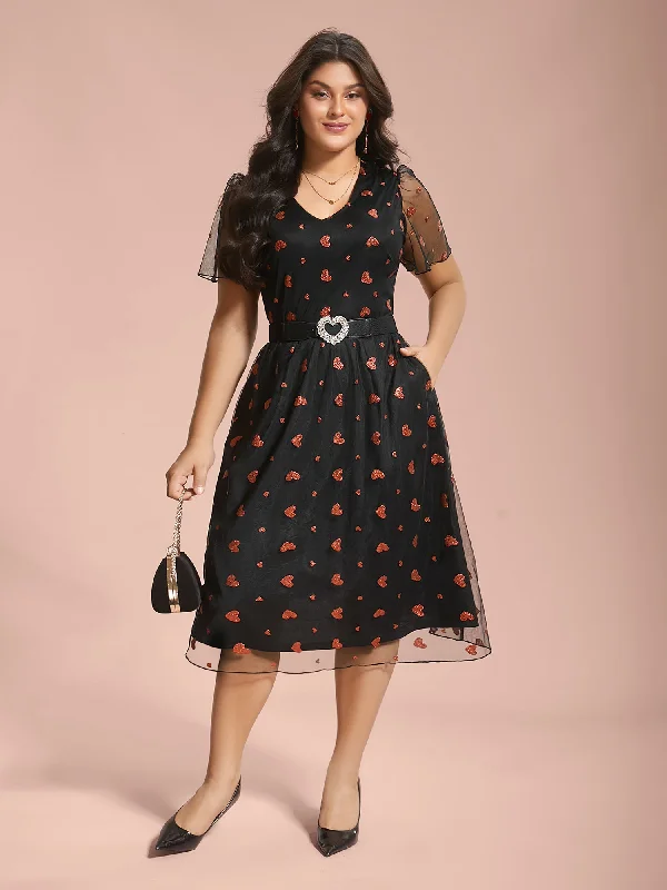 formal dressV-Neck Flutter Sleeve Heart Pattern Midi Dress